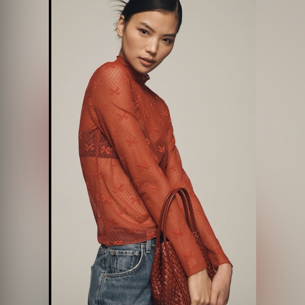 Anthropologie Maeve Bow Sheer Lace Turtleneck Top Red - Picture 2 of 10